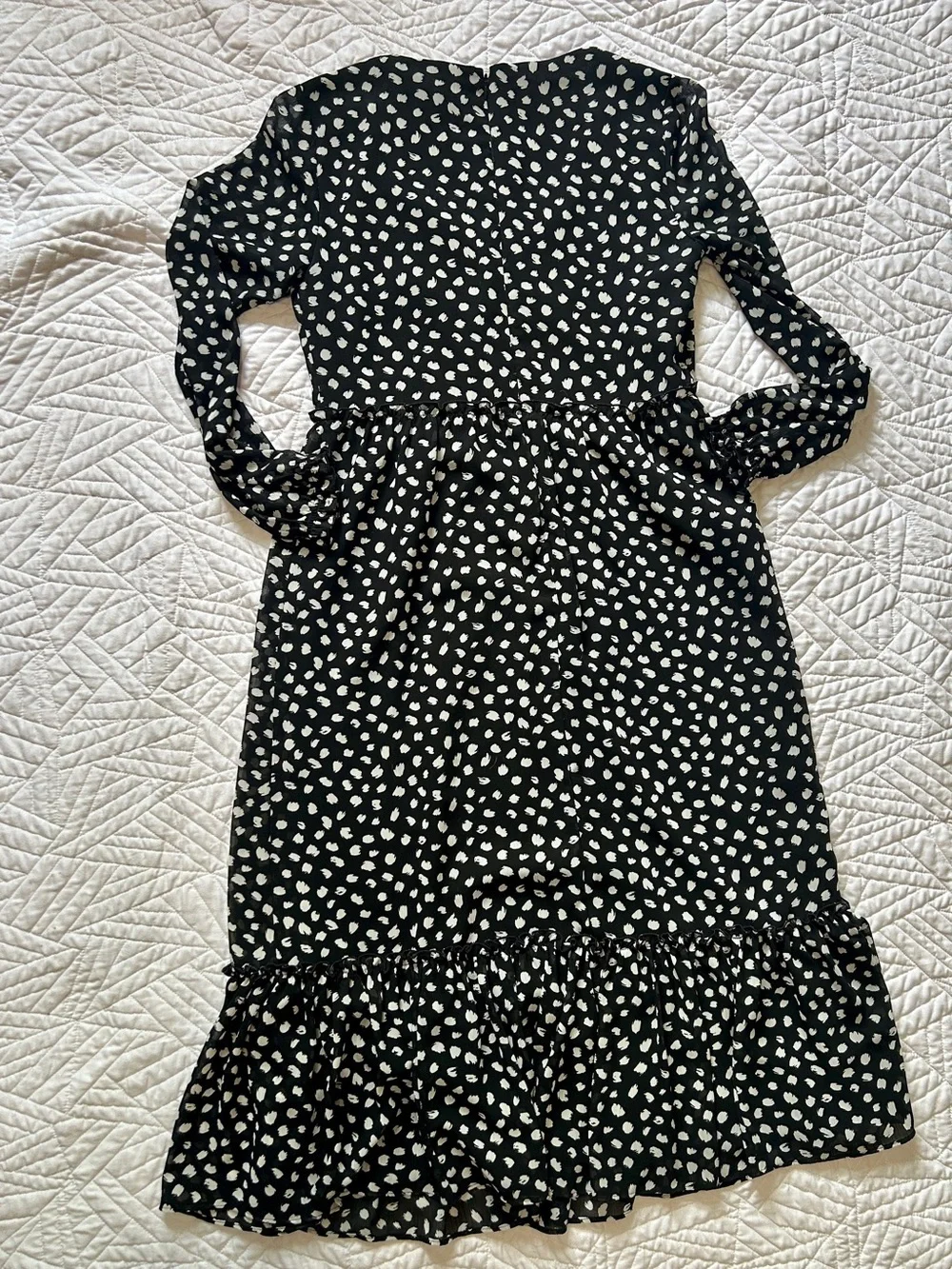 J. Crew Black & White Polka Dot Long Sleeve Midi Dress With Ruffle